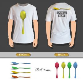 Collection of colorful spoons printed on white shirt. Vector design.