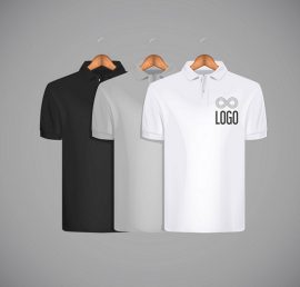 Men's slim-fitting short sleeve polo shirt with logo for advertising. Black, gray and white polo shirt collection with wooden hanger isolated mock-up design template for branding.