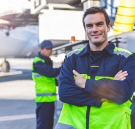 Portrait of cheerful male worker situating on airdrome. He looking at camera while colleague checking machine